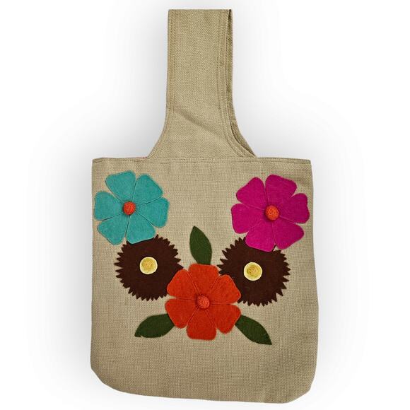Vintage 70s beige hopsacking retro tote bag purse with felt flowers - Picture 1 of 11